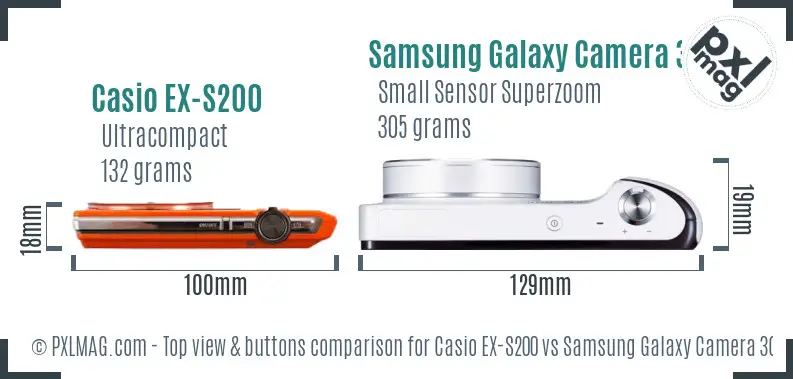 Casio EX-S200 vs Samsung Galaxy Camera 3G top view buttons comparison Casio EX-S200 vs Samsung Galaxy Camera 3G top view buttons comparison