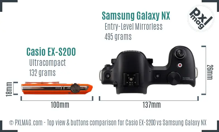 Casio EX-S200 vs Samsung Galaxy NX top view buttons comparison