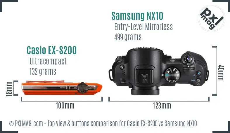Casio EX-S200 vs Samsung NX10 top view buttons comparison