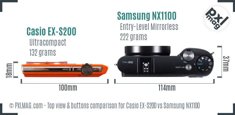 Casio EX-S200 vs Samsung NX1100 top view buttons comparison