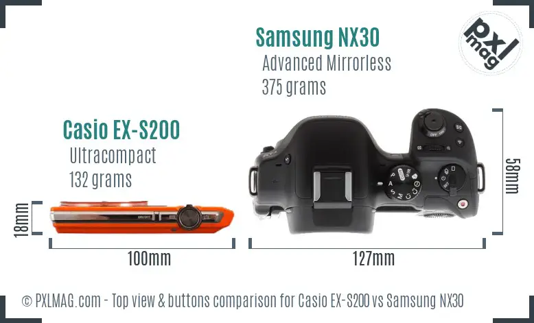 Casio EX-S200 vs Samsung NX30 top view buttons comparison Casio EX-S200 vs Samsung NX30 top view buttons comparison