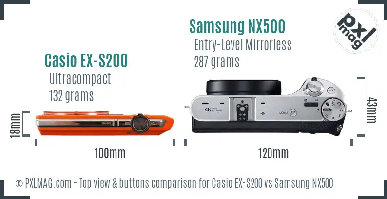 Casio EX-S200 vs Samsung NX500 top view buttons comparison Casio EX-S200 vs Samsung NX500 top view buttons comparison