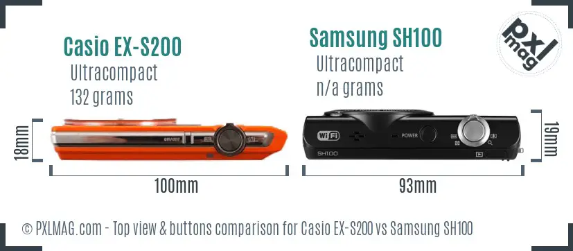 Casio EX-S200 vs Samsung SH100 top view buttons comparison Casio EX-S200 vs Samsung SH100 top view buttons comparison