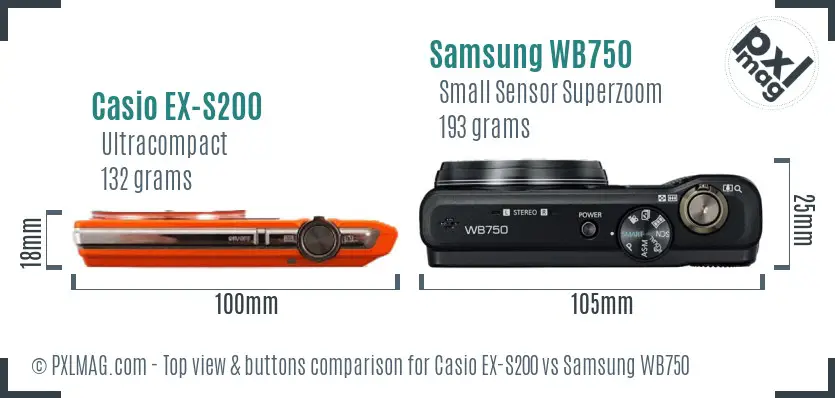 Casio EX-S200 vs Samsung WB750 top view buttons comparison