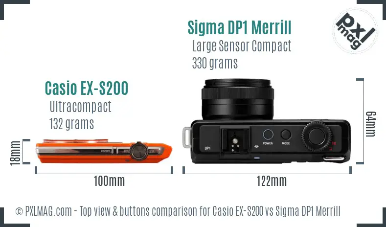 Casio EX-S200 vs Sigma DP1 Merrill top view buttons comparison