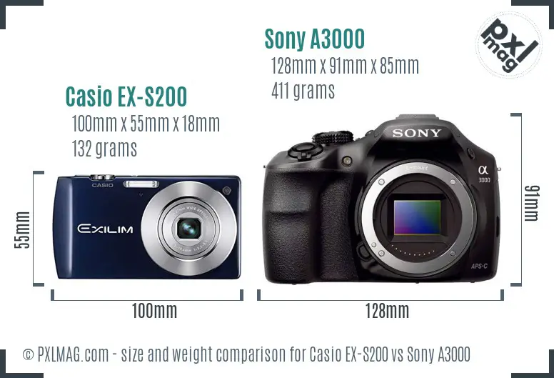 Casio EX-S200 vs Sony A3000 size comparison