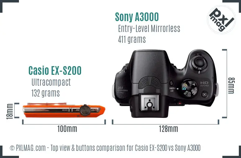 Casio EX-S200 vs Sony A3000 top view buttons comparison