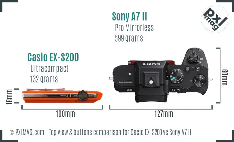 Casio EX-S200 vs Sony A7 II top view buttons comparison