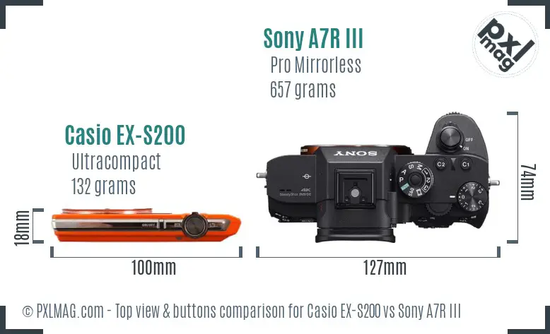 Casio EX-S200 vs Sony A7R III top view buttons comparison Casio EX-S200 vs Sony A7R III top view buttons comparison