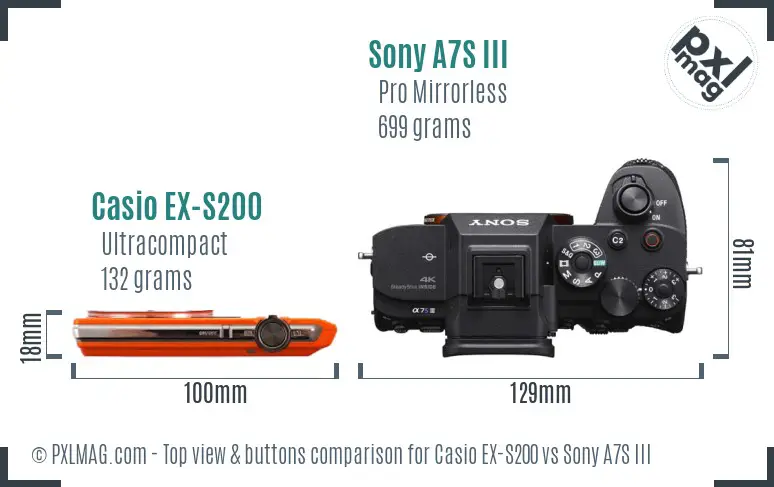 Casio EX-S200 vs Sony A7S III top view buttons comparison