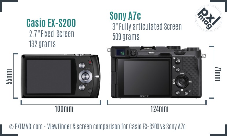 Casio EX-S200 vs Sony A7c Screen and Viewfinder comparison