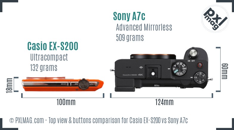 Casio EX-S200 vs Sony A7c top view buttons comparison