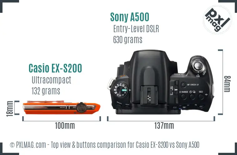Casio EX-S200 vs Sony A500 top view buttons comparison Casio EX-S200 vs Sony A500 top view buttons comparison