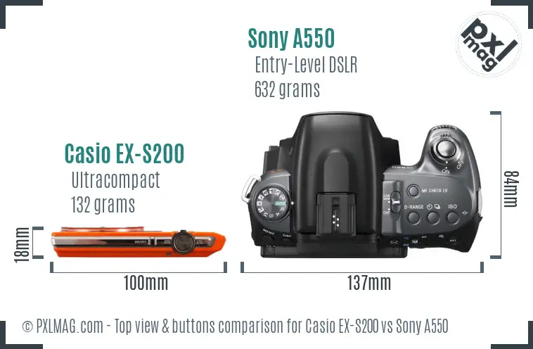 Casio EX-S200 vs Sony A550 top view buttons comparison