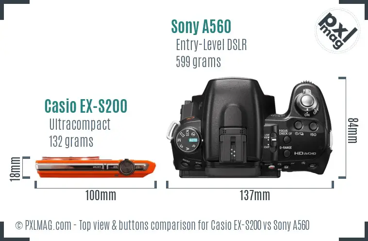 Casio EX-S200 vs Sony A560 top view buttons comparison