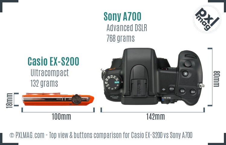 Casio EX-S200 vs Sony A700 top view buttons comparison