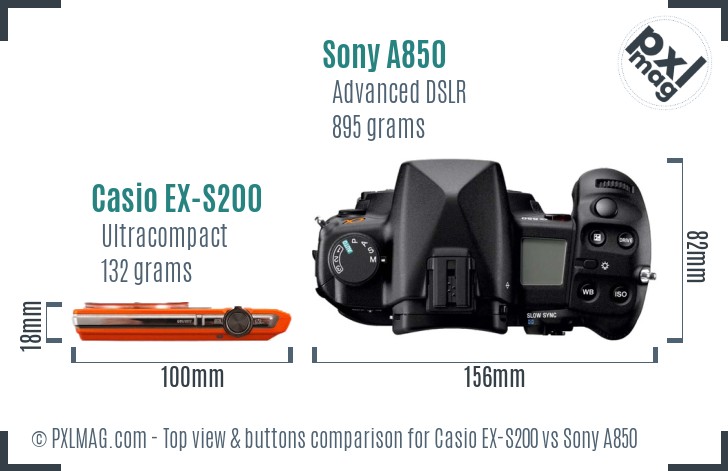 Casio EX-S200 vs Sony A850 top view buttons comparison