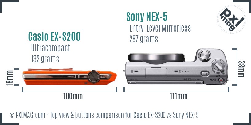 Casio EX-S200 vs Sony NEX-5 top view buttons comparison