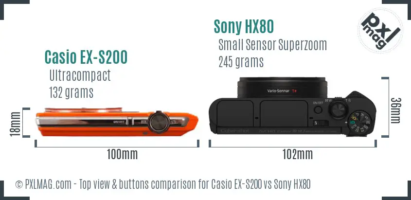 Casio EX-S200 vs Sony HX80 top view buttons comparison