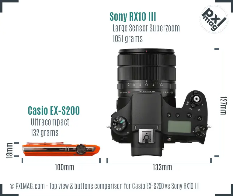 Casio EX-S200 vs Sony RX10 III top view buttons comparison Casio EX-S200 vs Sony RX10 III top view buttons comparison