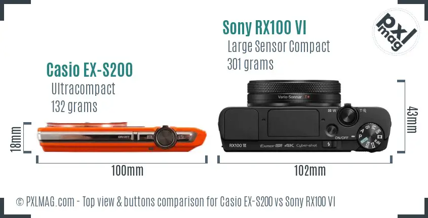Casio EX-S200 vs Sony RX100 VI top view buttons comparison Casio EX-S200 vs Sony RX100 VI top view buttons comparison