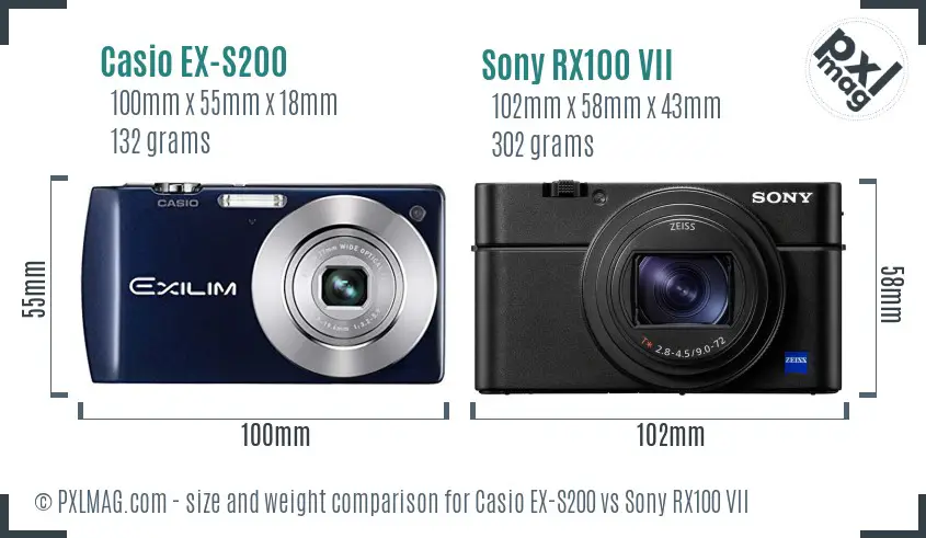 Casio EX-S200 vs Sony RX100 VII size comparison