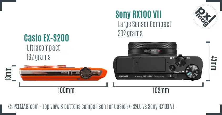 Casio EX-S200 vs Sony RX100 VII top view buttons comparison