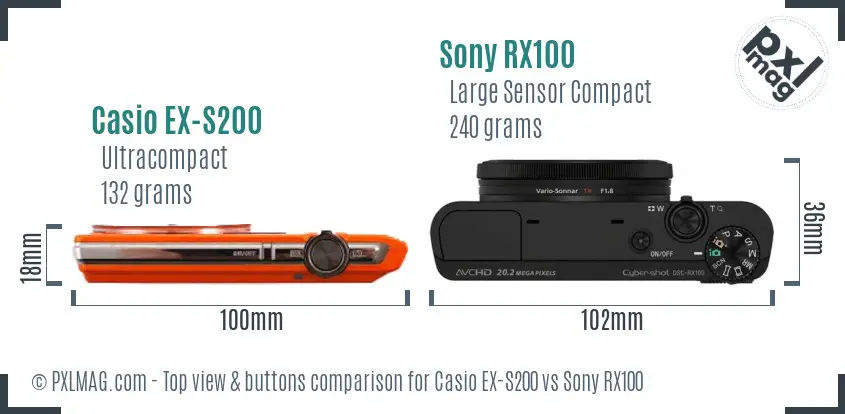 Casio EX-S200 vs Sony RX100 top view buttons comparison Casio EX-S200 vs Sony RX100 top view buttons comparison
