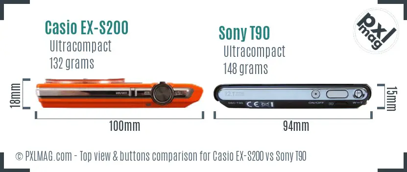 Casio EX-S200 vs Sony T90 top view buttons comparison