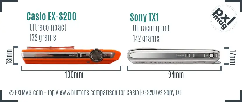 Casio EX-S200 vs Sony TX1 top view buttons comparison