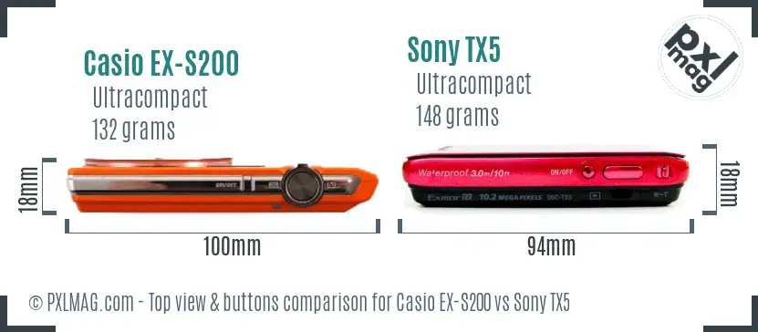 Casio EX-S200 vs Sony TX5 top view buttons comparison