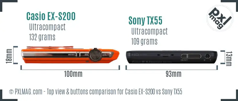 Casio EX-S200 vs Sony TX55 top view buttons comparison