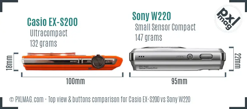 Casio EX-S200 vs Sony W220 top view buttons comparison Casio EX-S200 vs Sony W220 top view buttons comparison