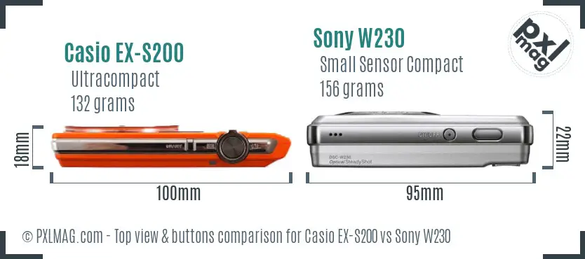 Casio EX-S200 vs Sony W230 top view buttons comparison Casio EX-S200 vs Sony W230 top view buttons comparison