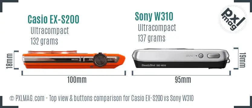 Casio EX-S200 vs Sony W310 top view buttons comparison