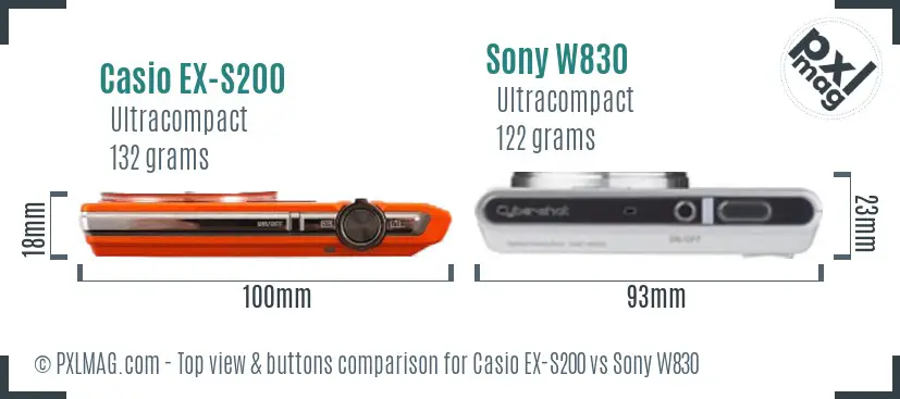 Casio EX-S200 vs Sony W830 top view buttons comparison Casio EX-S200 vs Sony W830 top view buttons comparison