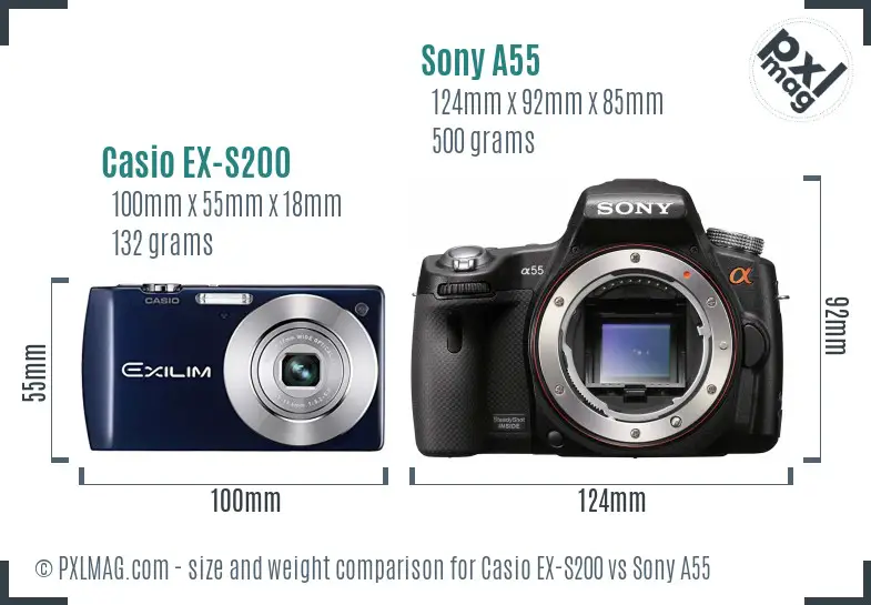 Casio EX-S200 vs Sony A55 size comparison