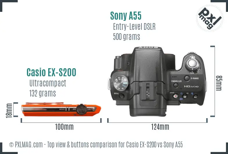 Casio EX-S200 vs Sony A55 top view buttons comparison