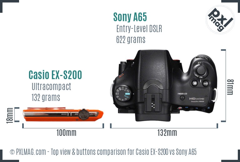 Casio EX-S200 vs Sony A65 top view buttons comparison
