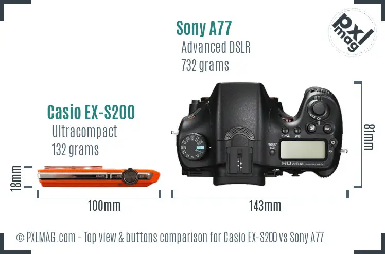 Casio EX-S200 vs Sony A77 top view buttons comparison Casio EX-S200 vs Sony A77 top view buttons comparison