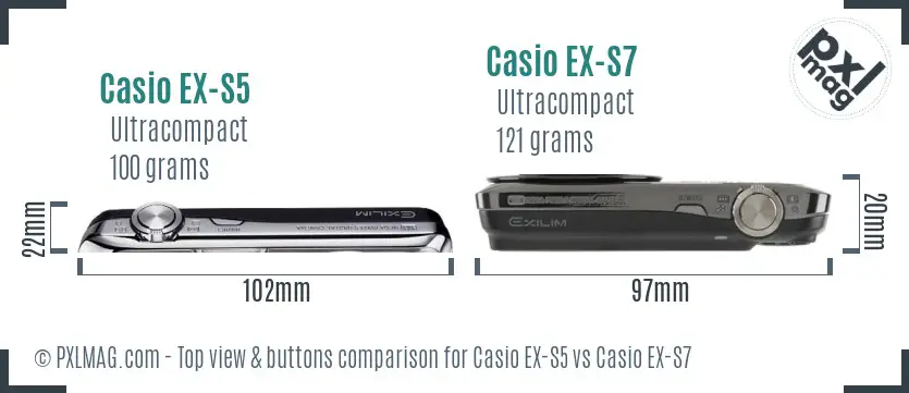 Casio EX-S5 vs Casio EX-S7 top view buttons comparison