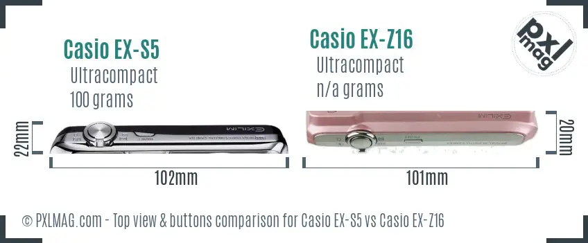 Casio EX-S5 vs Casio EX-Z16 top view buttons comparison