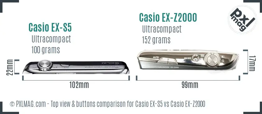 Casio EX-S5 vs Casio EX-Z2000 top view buttons comparison