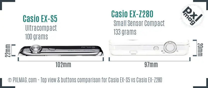 Casio EX-S5 vs Casio EX-Z280 top view buttons comparison