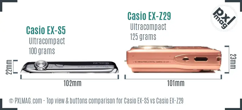 Casio EX-S5 vs Casio EX-Z29 top view buttons comparison