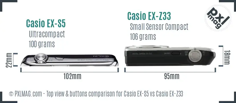 Casio EX-S5 vs Casio EX-Z33 top view buttons comparison