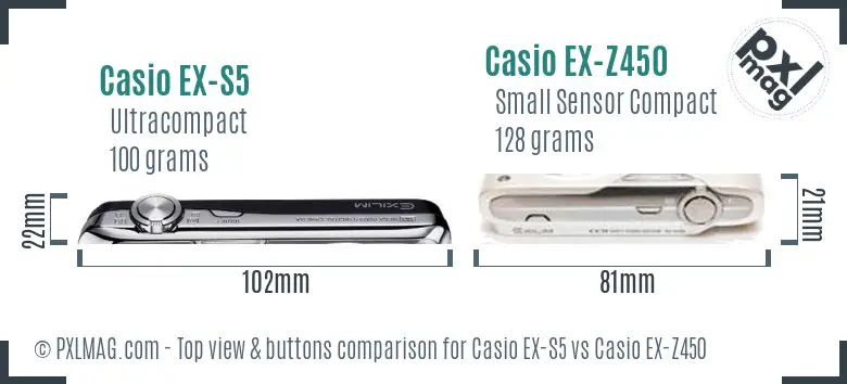 Casio EX-S5 vs Casio EX-Z450 top view buttons comparison