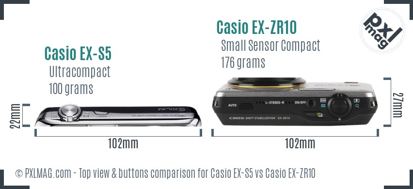 Casio EX-S5 vs Casio EX-ZR10 top view buttons comparison