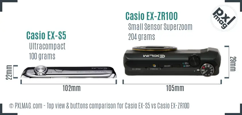 Casio EX-S5 vs Casio EX-ZR100 top view buttons comparison