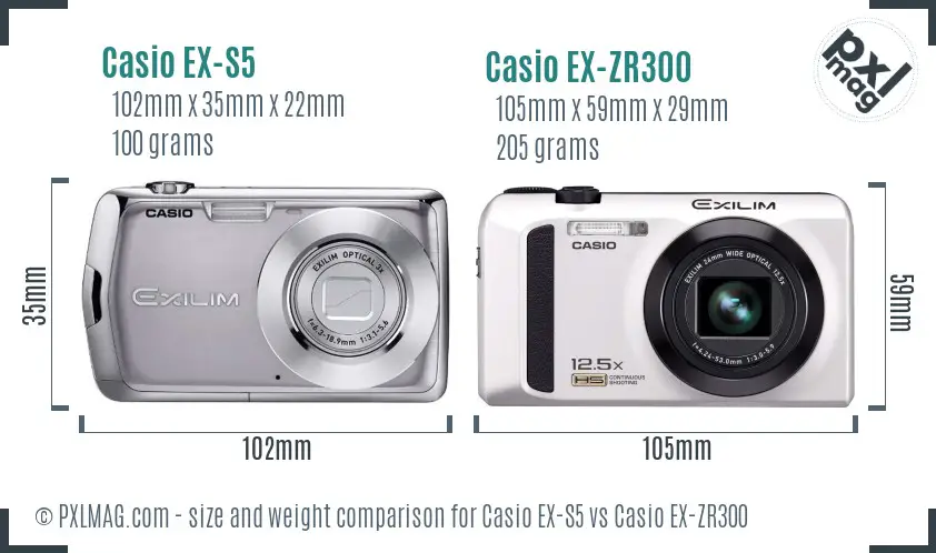 Casio EX-S5 vs Casio EX-ZR300 size comparison